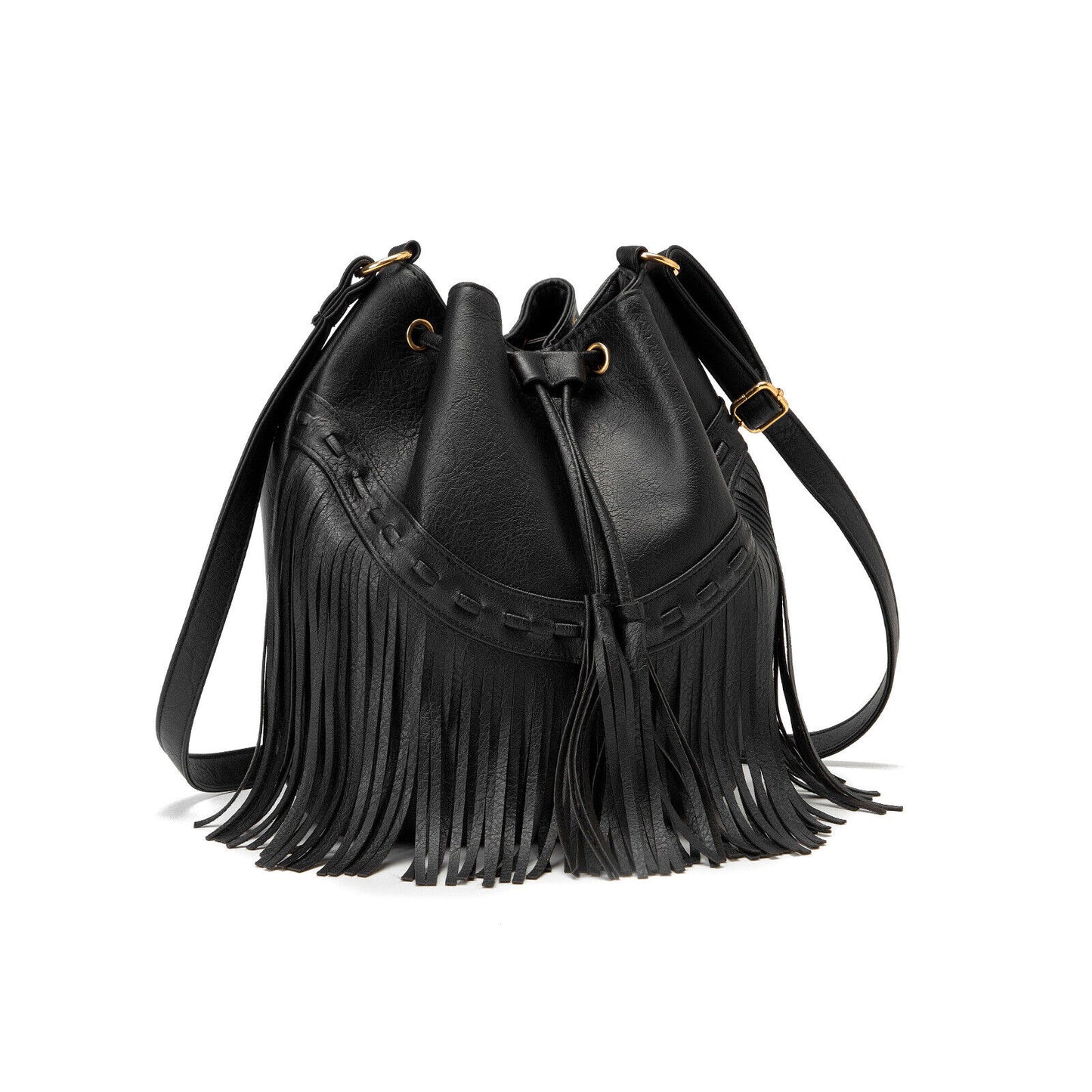 Women's Bag Casual Drawstring Tassel Bucket Bag PU Fringe Female Messenger Bag
