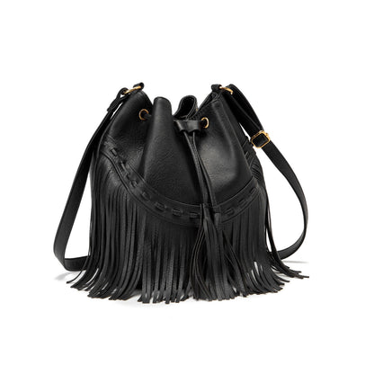 Women's Bag Casual Drawstring Tassel Bucket Bag PU Fringe Female Messenger Bag