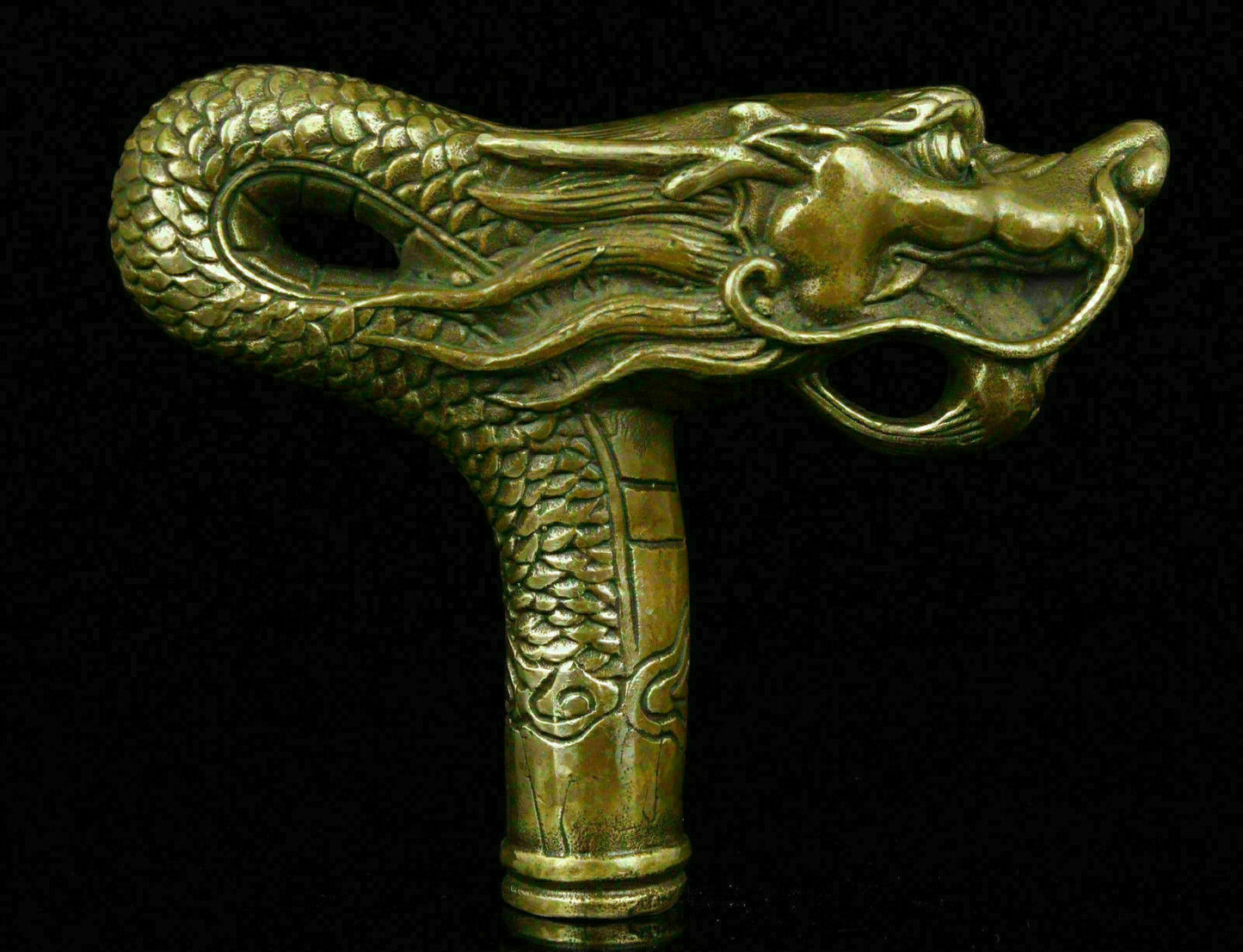 Chinese Brass Copper Hand carved Cane Walking Stick Head Handle Dragon Statue