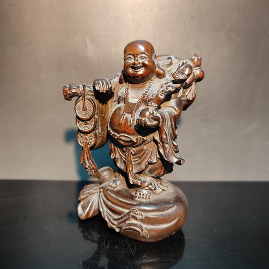 Boxwood carving wooden buddha statue wood laughing Amitabha ruyi decor praying