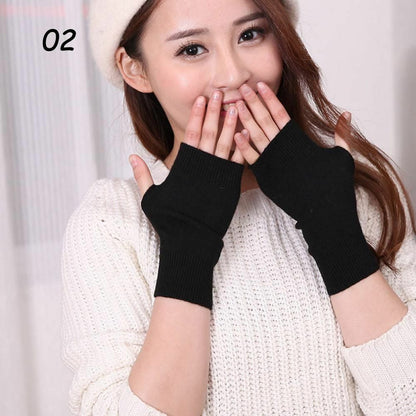 Women Winter Gloves Cashmere Knitted Cotton Fingerless Warm Stretch Half Mittens