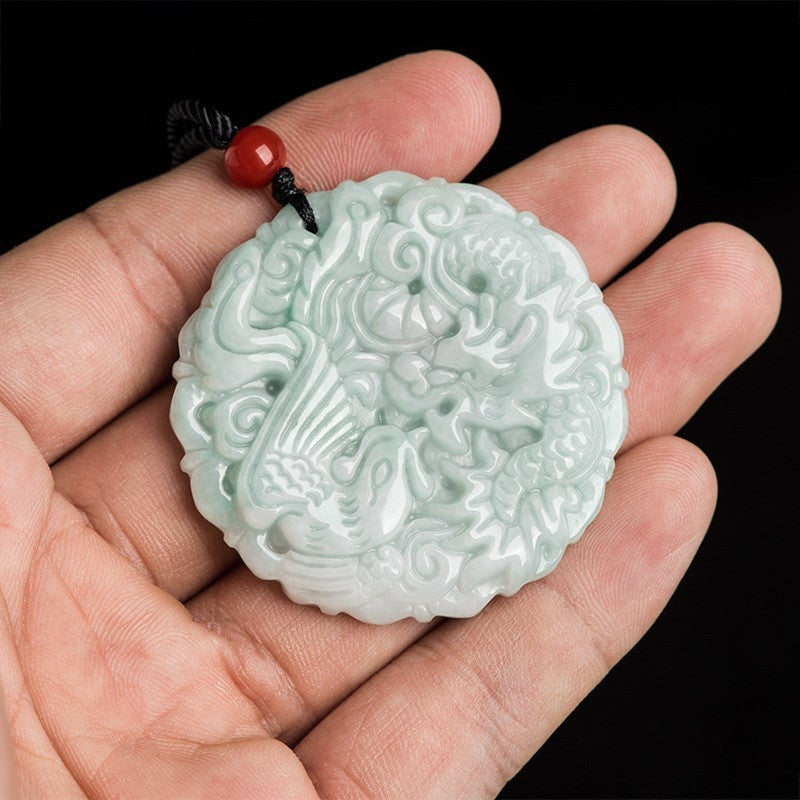Certificate Natural Grade A Jade Jadeite Dragon Phoenix Couple Pendant Necklace