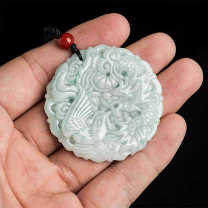 Certificate Natural Grade A Jade Jadeite Dragon Phoenix Couple Pendant Necklace