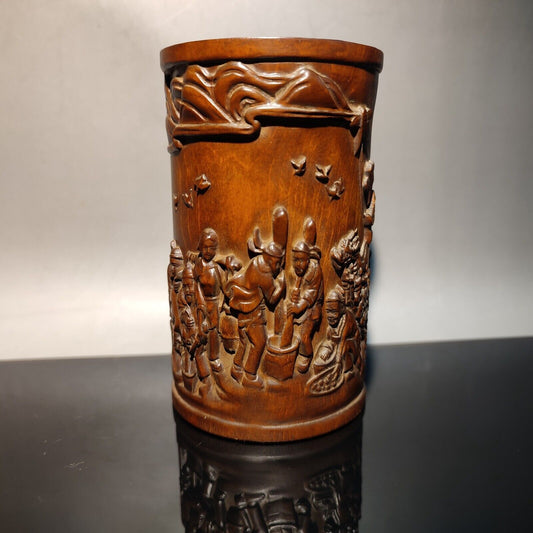 chinese carved brush pot pots pen case statue wood carving Hakka people story