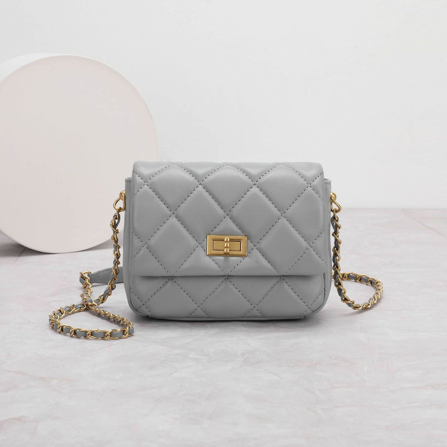 Small Mini Quilted Sheepskin Leather Flap Purse Shoulder Bag Handbag w/ Chain