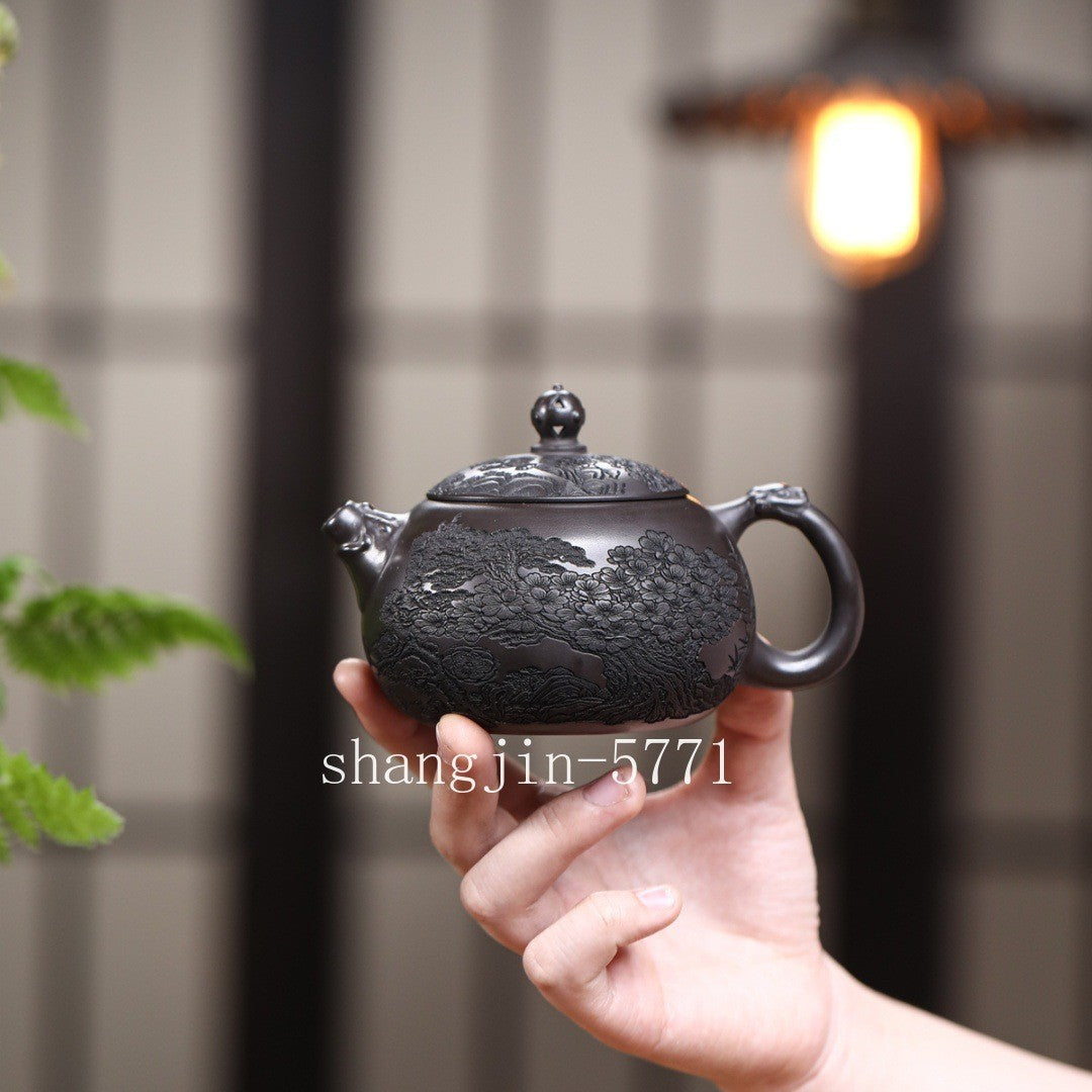 True Yixing Zisha Clay Tea Pot Marked Mountain Carved Handmade Master Pot 300ml