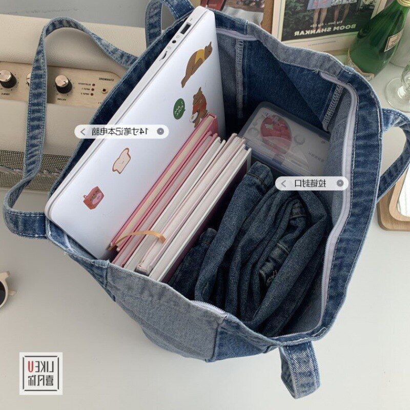 Shoulder Bag Big Denim Handbag Shopping Purse Tote Letter Print 34*36*8 CM Blue