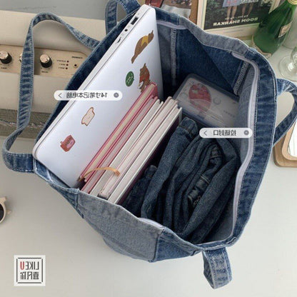 Shoulder Bag Big Denim Handbag Shopping Purse Tote Letter Print 34*36*8 CM Blue
