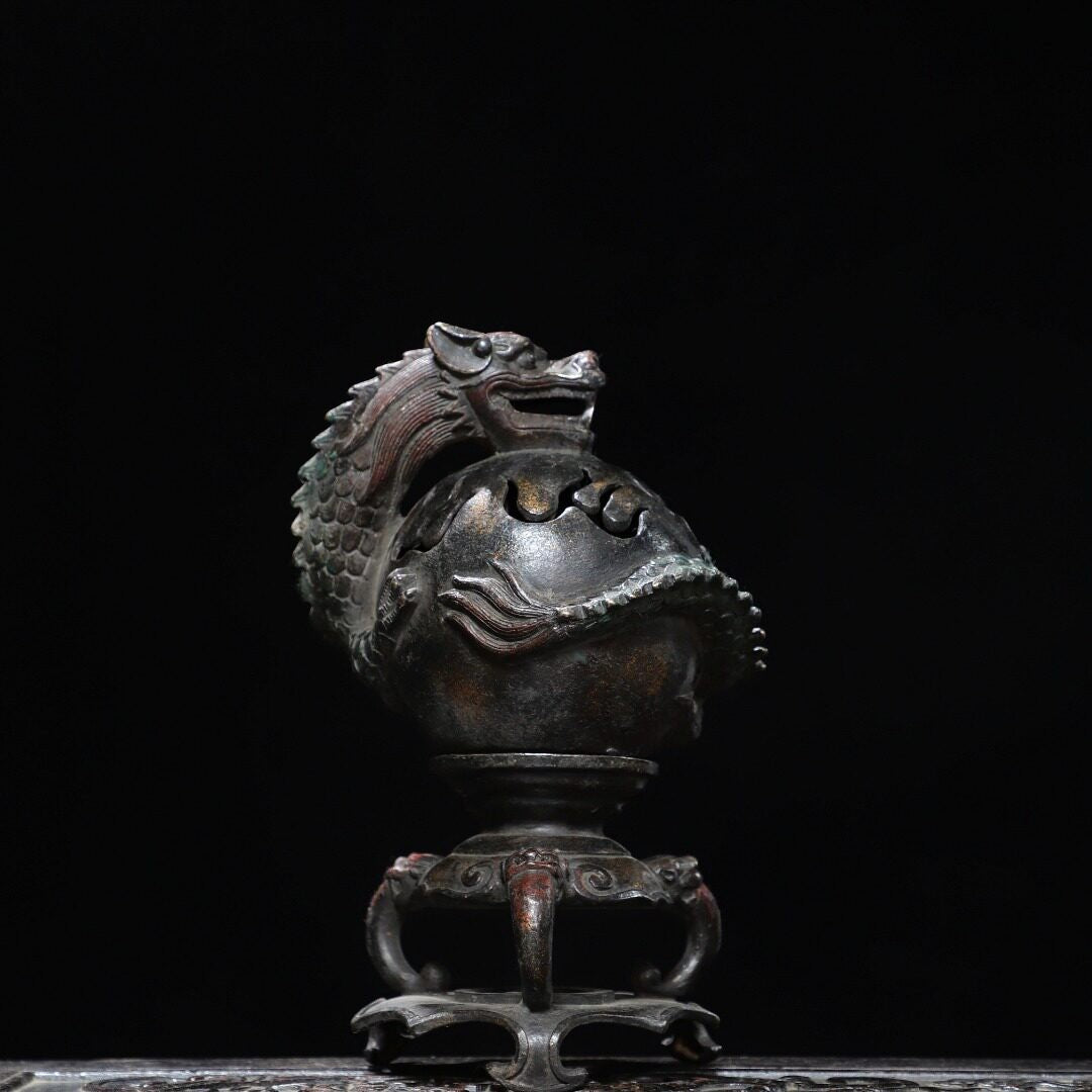 10" Chinese Bronze Gilt Myth Dragon Ball Incense Burner Censer