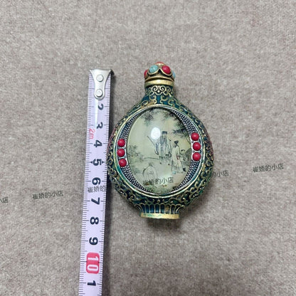 Antique Brass Snuff Bottle Tibetan Inside Painted Double-Sided Snuff Bottle