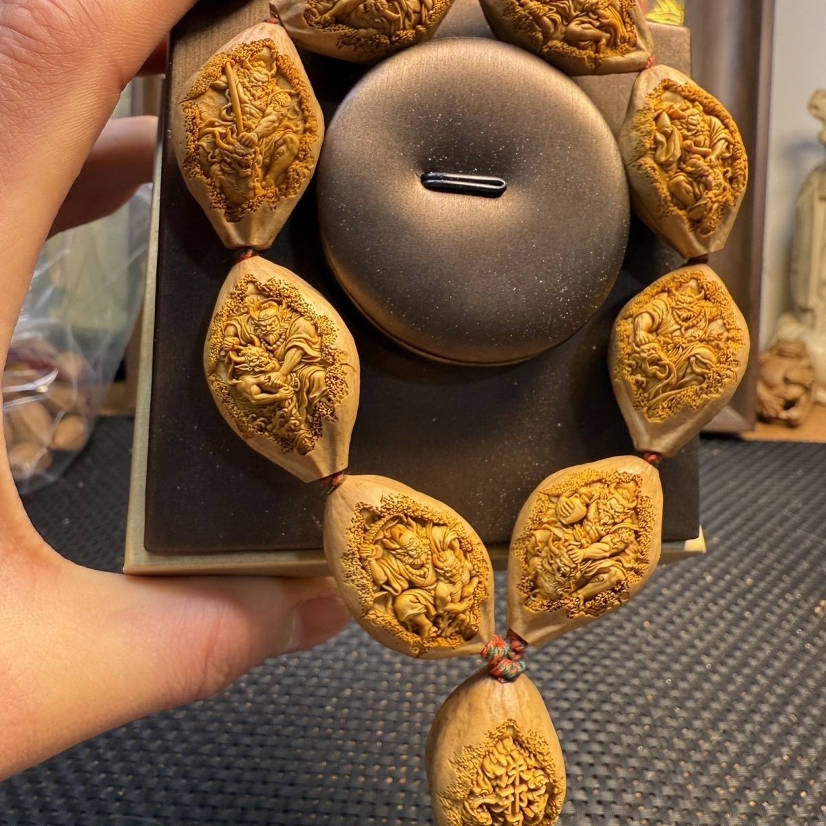 Olive Nut Carving Cloaked Zhong Kui Bracelet Hand Carved Feng Shui Protection