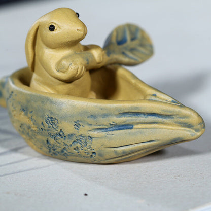 Handmade Craft Artware Zisha Tea Pet Rabbit On Boat Small Size Table Decoration
