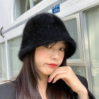 Hat Winter Women Solid Color Rabbit Fur Bucket Cap Fisherman Retro Knitted Wool