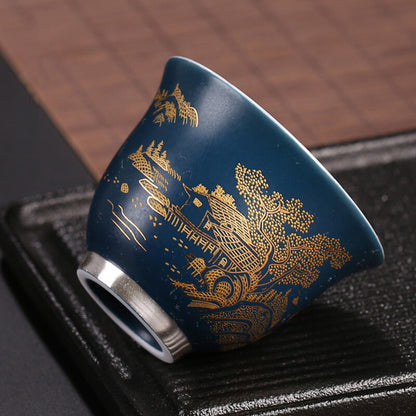 999 Sterling Silver Cup Mountain Relief Handmade Porcelain Tea Cup 50ml Glaze