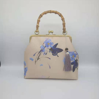 Lock Shell Bags Wood Vintage Flowers Chain Shoulder Crossbody Bag Tote Handbag
