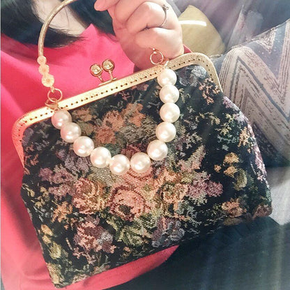 Vintage Embroidery Bag Handbag Flowers Purse Pearl Chain Crossbody Shoulder Bag