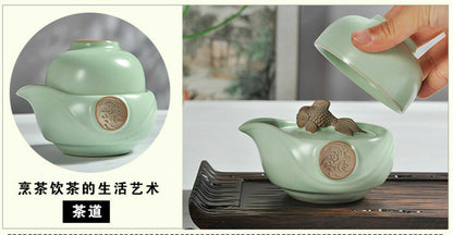 portable tea set porcelain tea pot with infuser gold fish statue on lid tea cups
