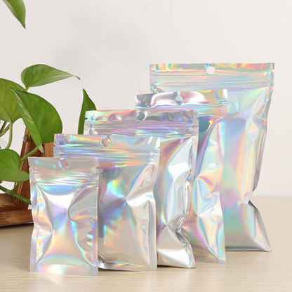 10x Iridescent Zip lock Pouches Cosmetic Plastic Laser Holographic Zipper Bag-ca