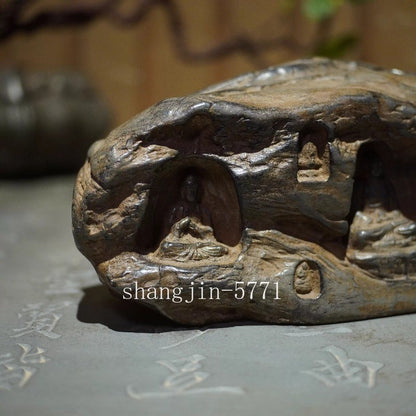 Old Stone Carved Buddha Statue Zen Buddhism Belief Home Office Decor