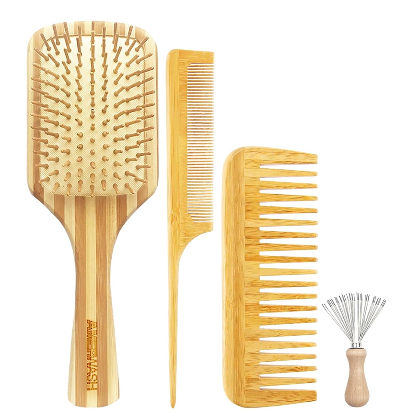 Bamboo Hair Brush Comb Set for Women Wooden Paddle Cleaning Tool Included