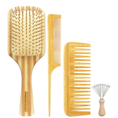 Bamboo Hair Brush Comb Set for Women Wooden Paddle Cleaning Tool Included