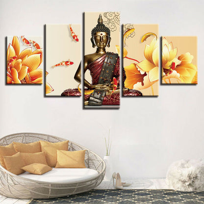 Buddha Meditation Statue Lotus Koi Fish Canvas Prints Painting Wall Art Decor 5P