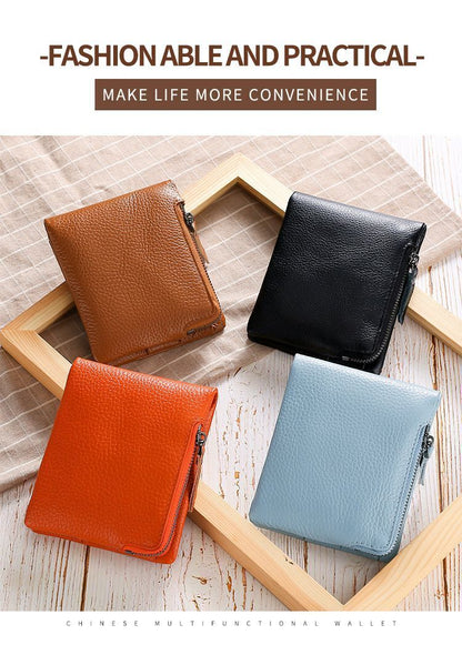 Zipper Coin Purse Genuine Leather Wallet Card Holder RFID Blocking Card Holder