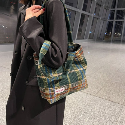 Tote Shoulder Bag Large Capacity Soft Plaid Travel Handbag 31*28*10 CM Green 1PC