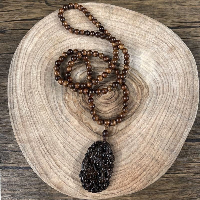 Natural Wood Prayer Beads Necklace Dragon Carving Pendant Men Woman Lucky Gift