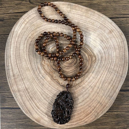 Natural Wood Prayer Beads Necklace Dragon Carving Pendant Men Woman Lucky Gift