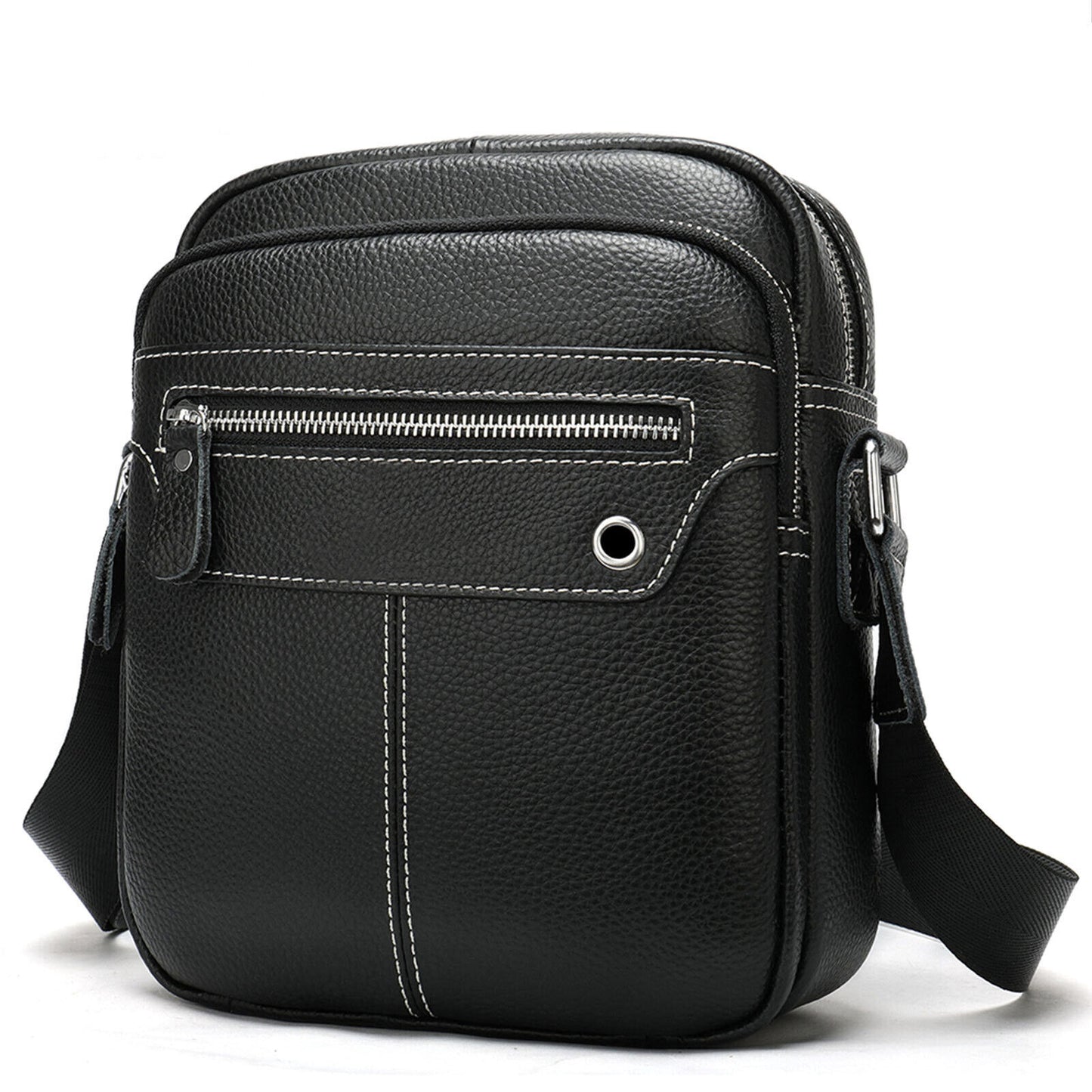 100% Genuine Leather Men's Black Sling Shoulder/Messenger Bag 8" Zipper Bags