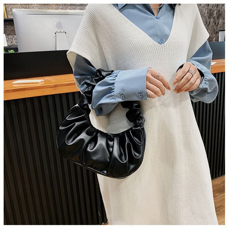 Pleated Synthetic Leather Bags Dumpling Tote Armpit Purse Underarm Bag - Thumbnail 3