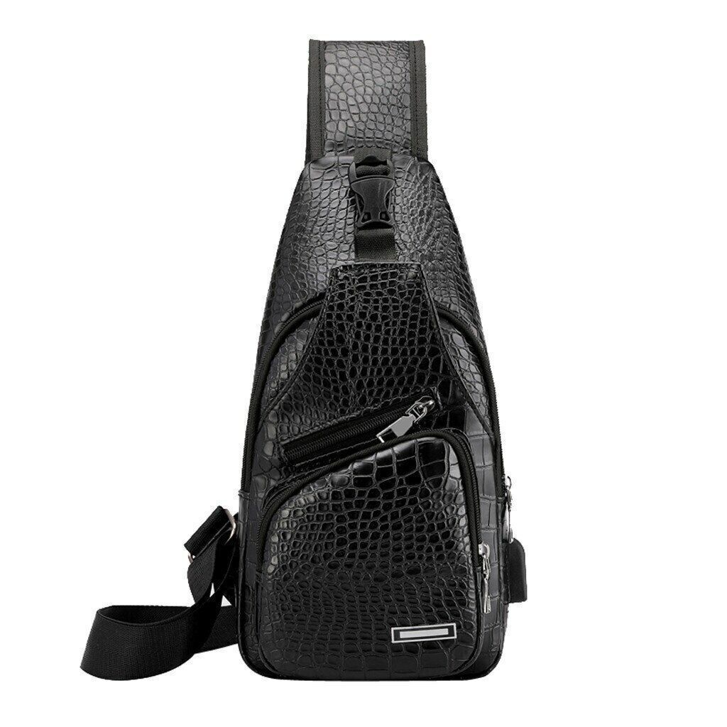 Men's Leather Chest Bag Shoulder Pack USB Charging Port Crossbody Handbag