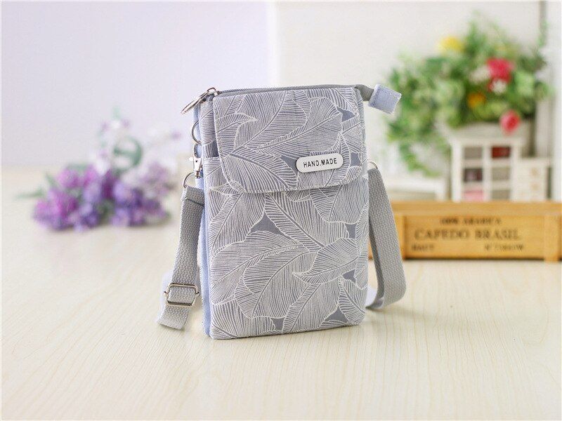 Canvas Leaves Print Women Handbag Small Shoulder Crossbody Phone Bag Money Pouch