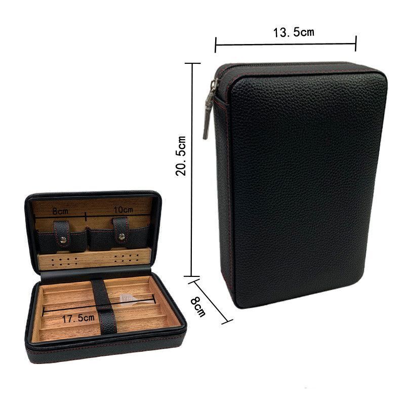 Cigar Humidor Boxes Leather Cedar Wood Smoking Travel Storage Case 13.5x8x20.5cm