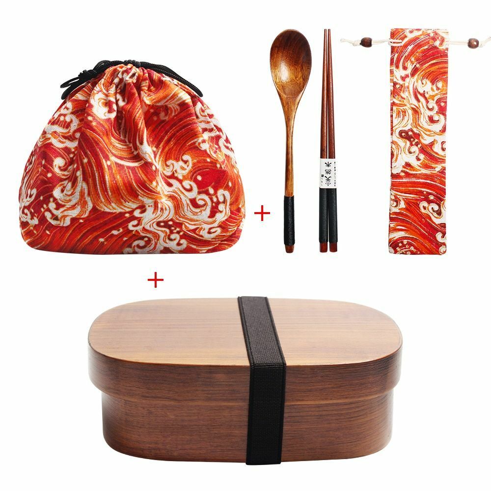 Wooden Lunch Box Picnic Japanese Bento School Kids Dinnerware Set Bag Spoon Fork