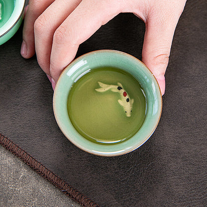 Single Teacup Fish Relief China Longquan Celadon Porcelain Cup Of Tea Master Cup