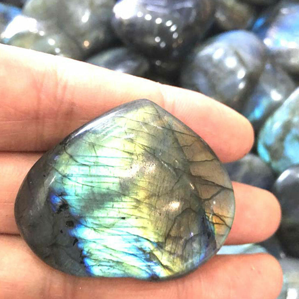 2pcs Natural Labradorite Heart Quartz Spectrolite Healing Palm Stone Rock Polish