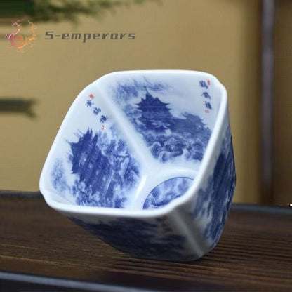 Chinese Jingdezhen Porcelain Blue and White Square Tea Cup：four Tower Decor