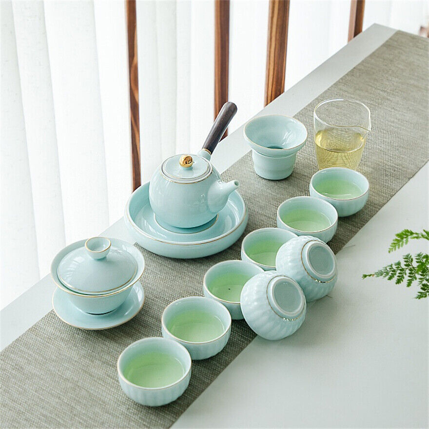 Boutique Celadon Tea Set Porcelain Tea Pot Tea Cups & Mats Pitcher Tea Strainer
