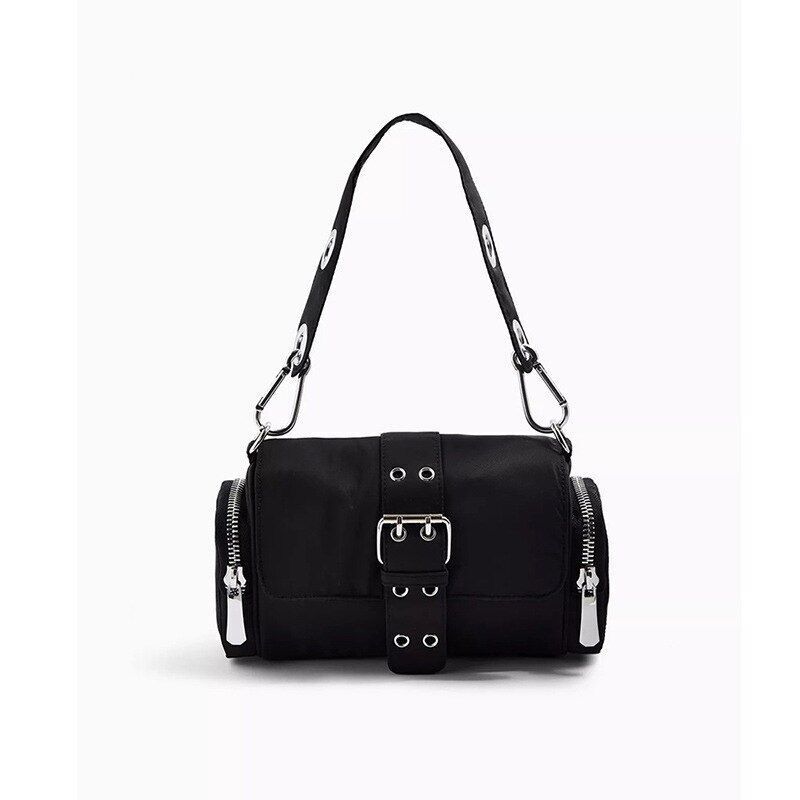 Nylon Women Bags Fashion Rivet Shoulder Bag Handbag Small Underarm Black 34*20*7