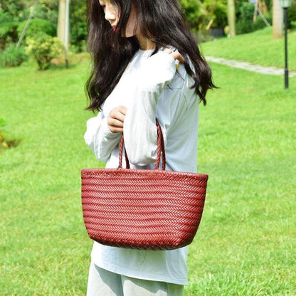 Genuine Leather Woven Shoulder Bag Casual Shopping Bag Vintage Tote Purse Brown