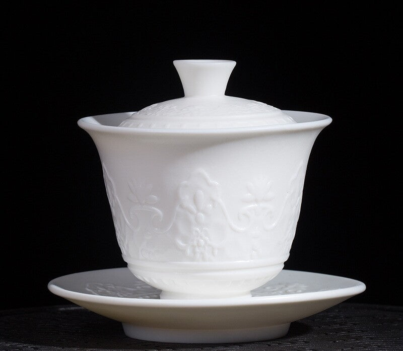 Handmade Tureen Fat Mutton Jade Porcelain Gaiwan Covered Bowl Relief Lid Saucer