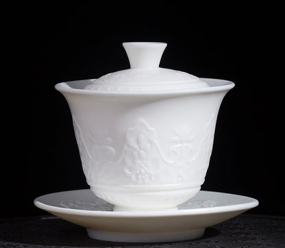 Handmade Tureen Fat Mutton Jade Porcelain Gaiwan Covered Bowl Relief Lid Saucer