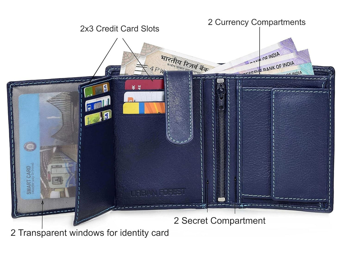 New Blue Bi-Fold Leather Men's Wallet RFID Protection Gift Item