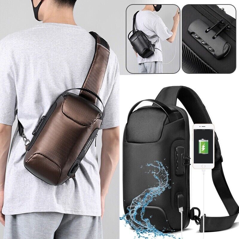 Men's Chest Sling Bag Crossbody School Bookbag Travel Shoulder Backpack USB Port