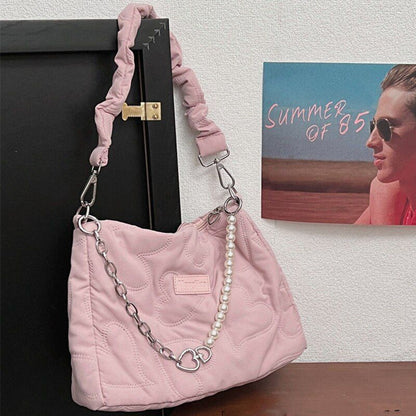 Heart Thread Bag Chain Shoulder Bag Zipper Beaded Handbag Black Brown White Pink