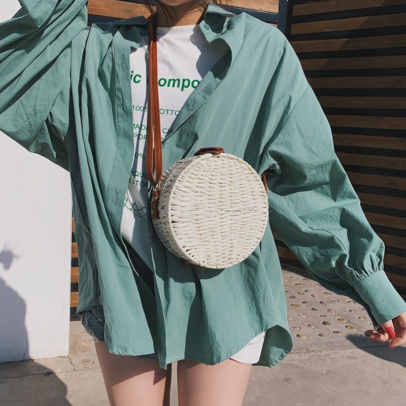 Women Summer Rattan Bag Round Straw Handmade Beach Bag Bohemia Handbag 1PC Green