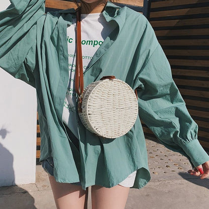 Women Summer Rattan Bag Round Straw Handmade Beach Bag Bohemia Handbag 1PC Green