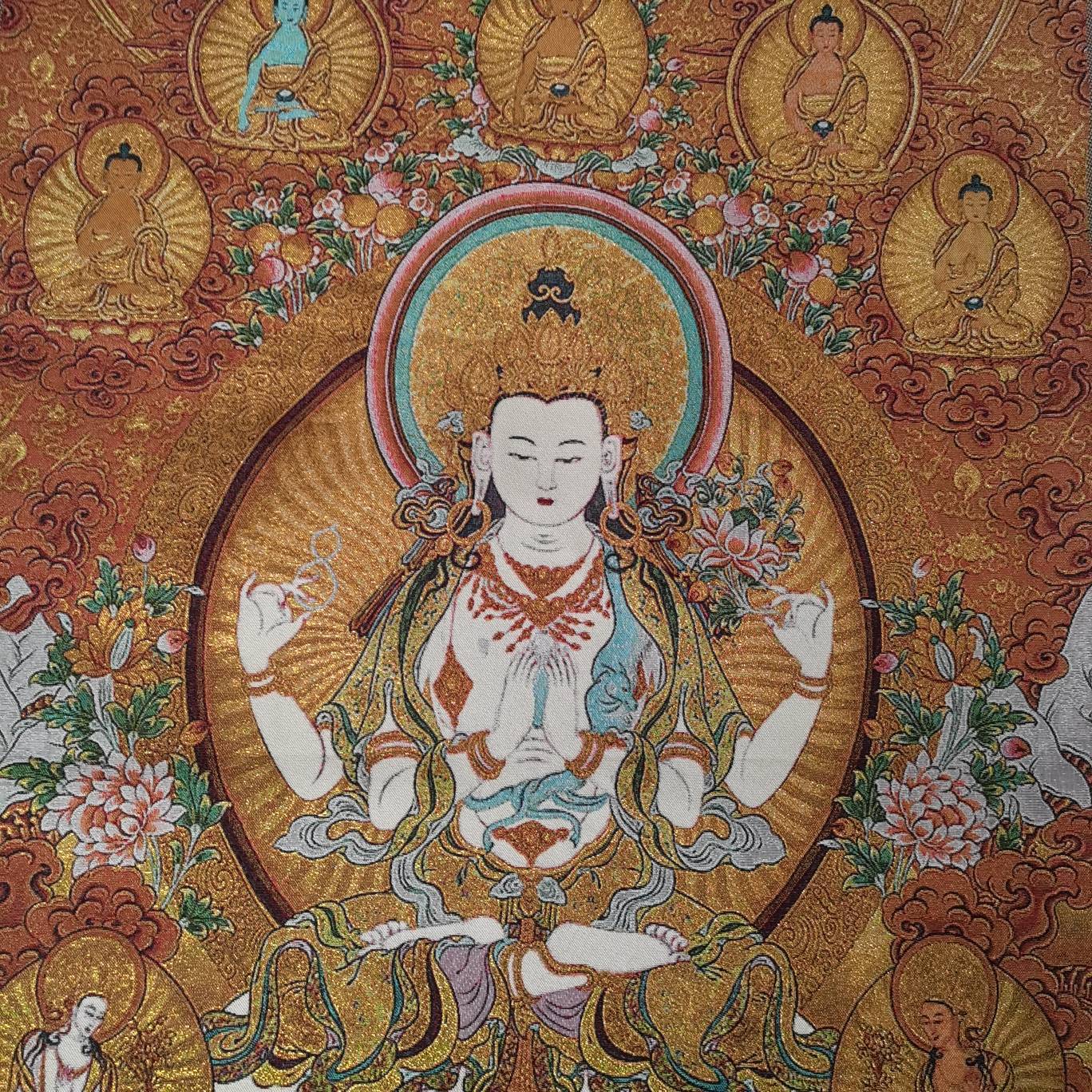 36"Tibet Tibetan Cloth Silk Buddhism 4Arms Guanyin Kwan-yin Tangka Thangka Mural